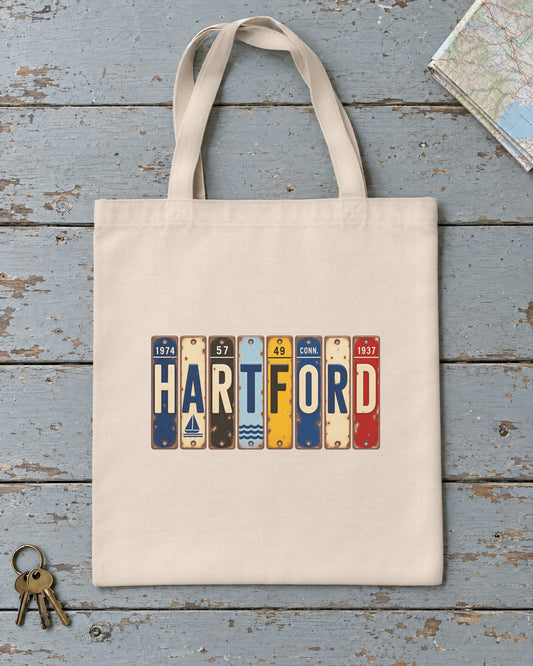 Hartford, Connecticut vintage license plate tote bag in Natural