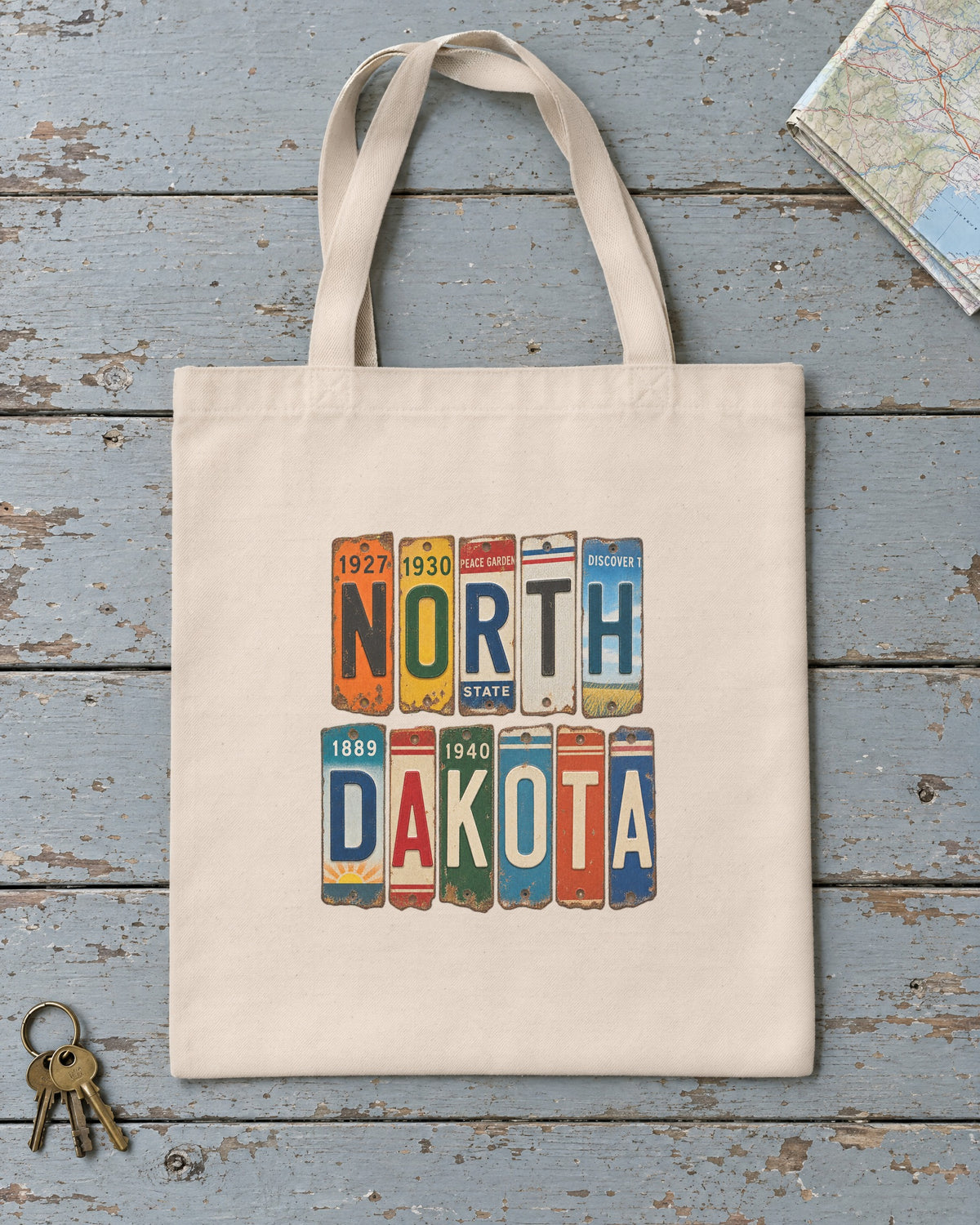 North Dakota vintage license plate tote bag in Natural