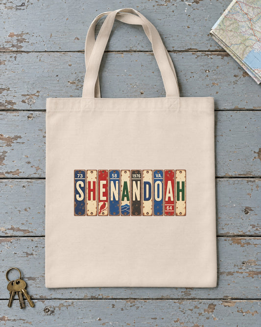 Shenandoah, Virginia vintage license plate tote bag in Natural
