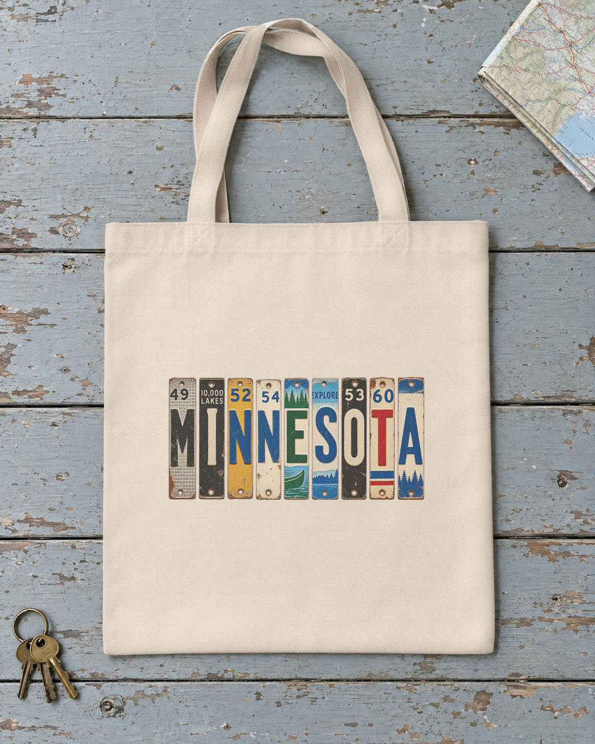 Minnesota vintage license plate tote bag in Natural