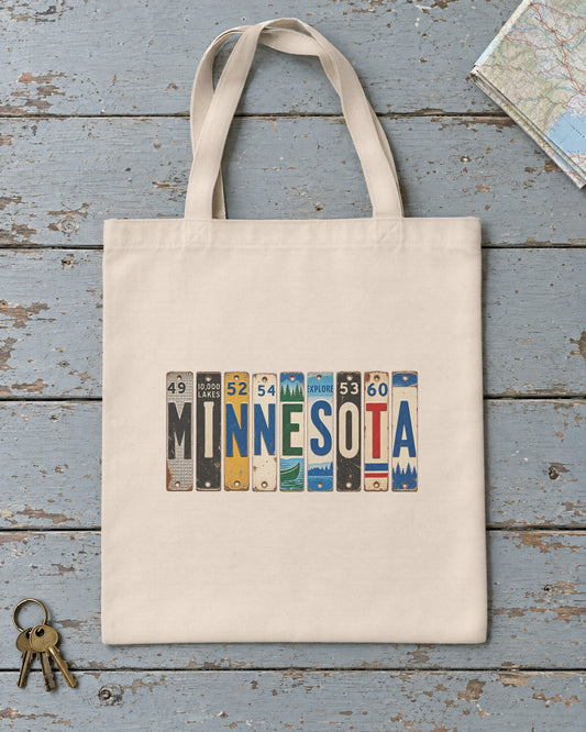 Minnesota vintage license plate tote bag in Natural