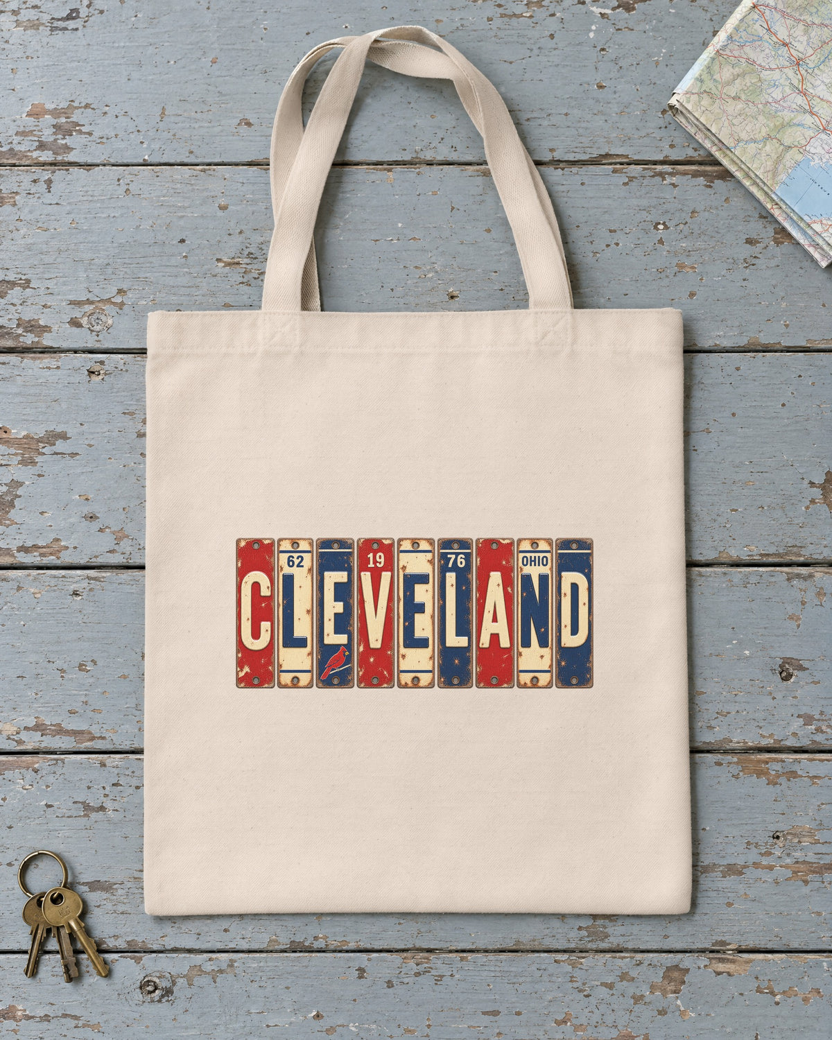 Cleveland, Ohio vintage license plate tote bag in Natural