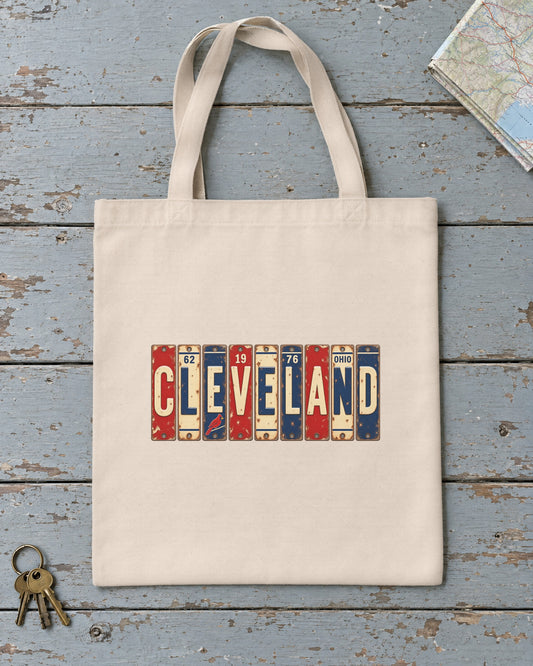 Cleveland, Ohio vintage license plate tote bag in Natural