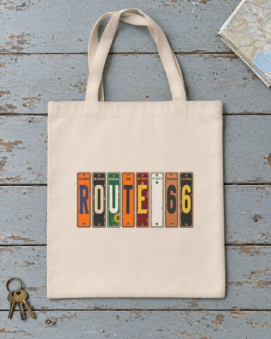Route 66 vintage license plate tote bag in Natural