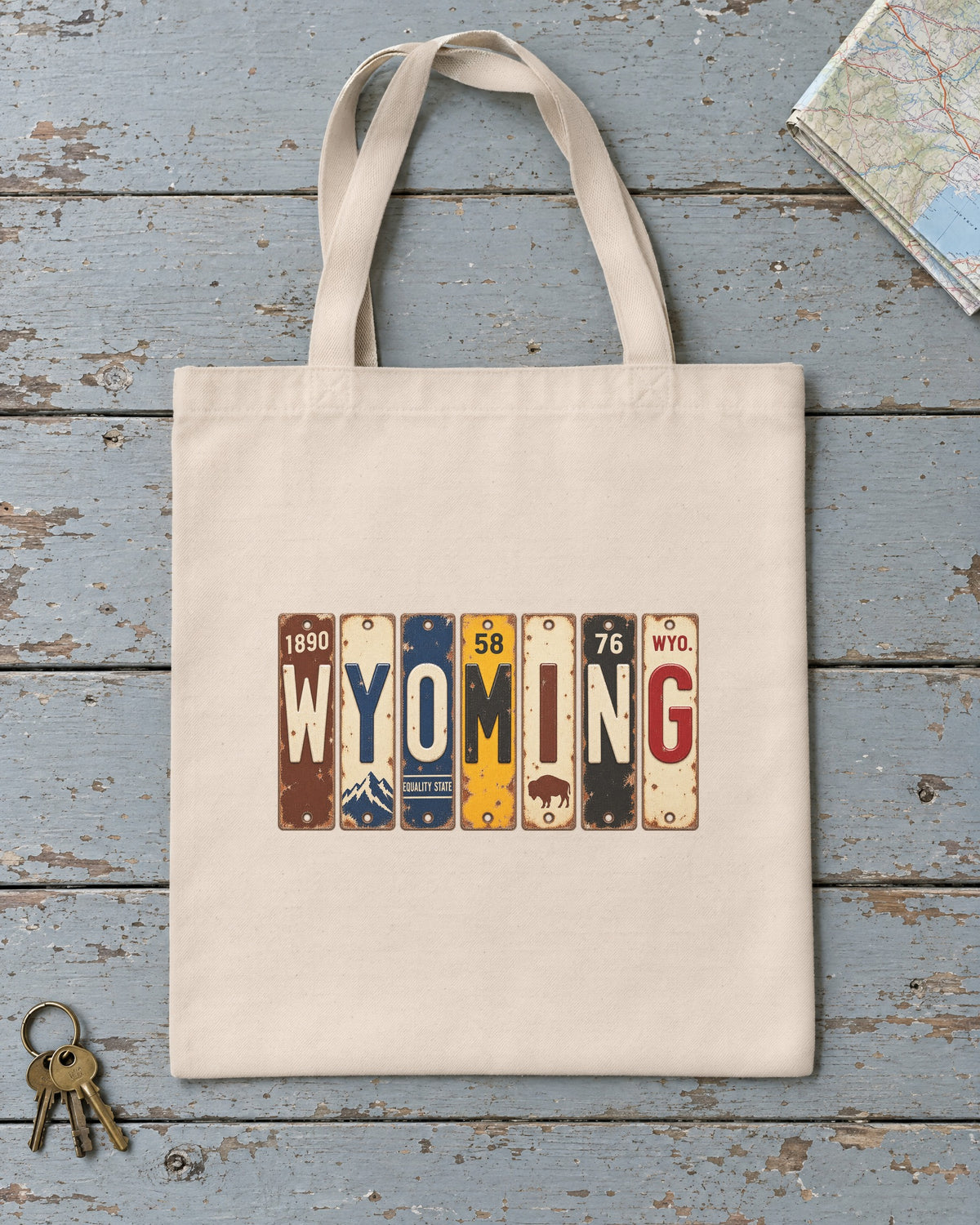 Wyoming vintage license plate tote bag in Natural