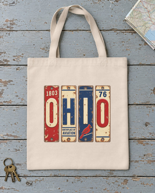 Ohio vintage license plate tote bag in Natural
