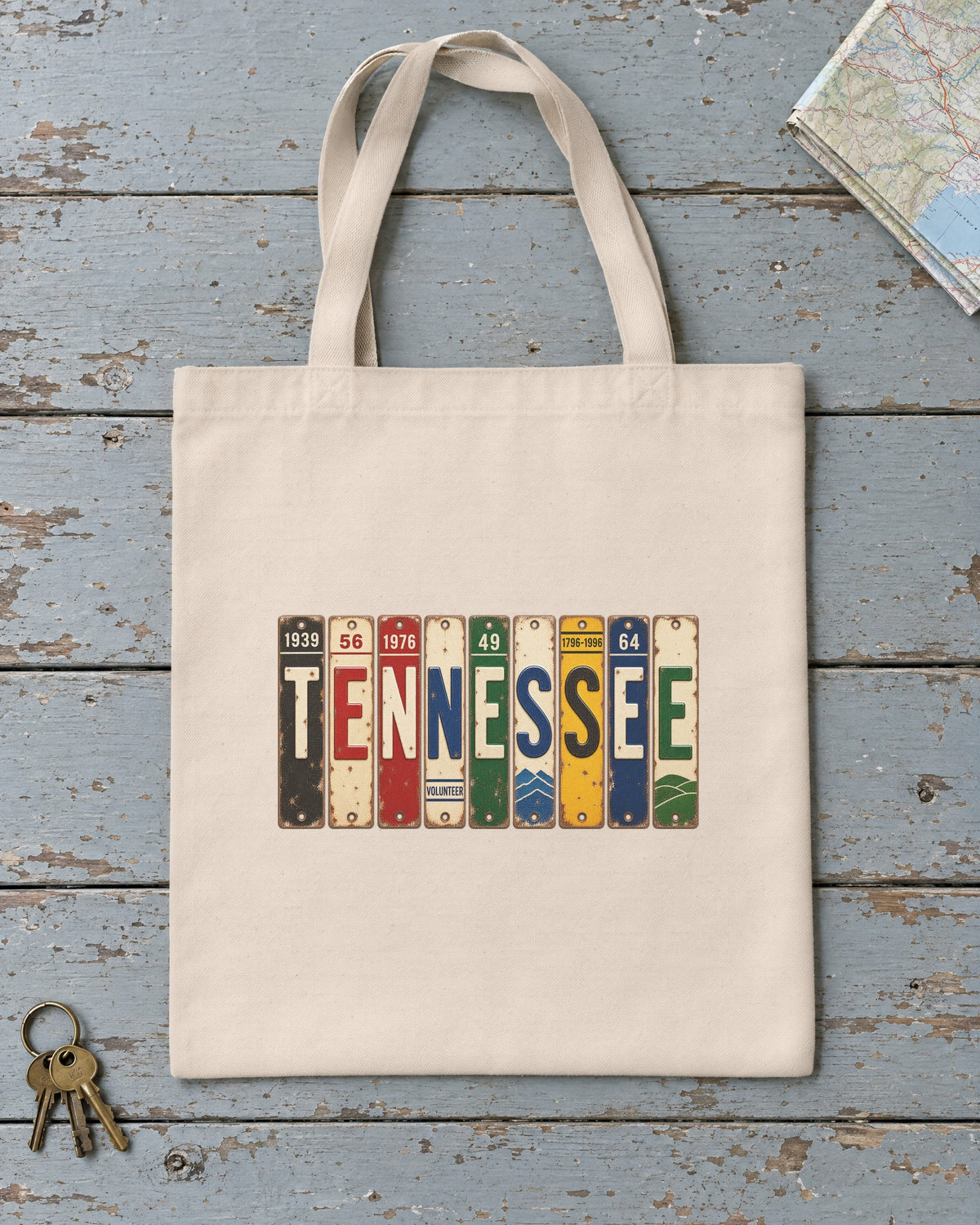Tennessee vintage license plate tote bag in Natural