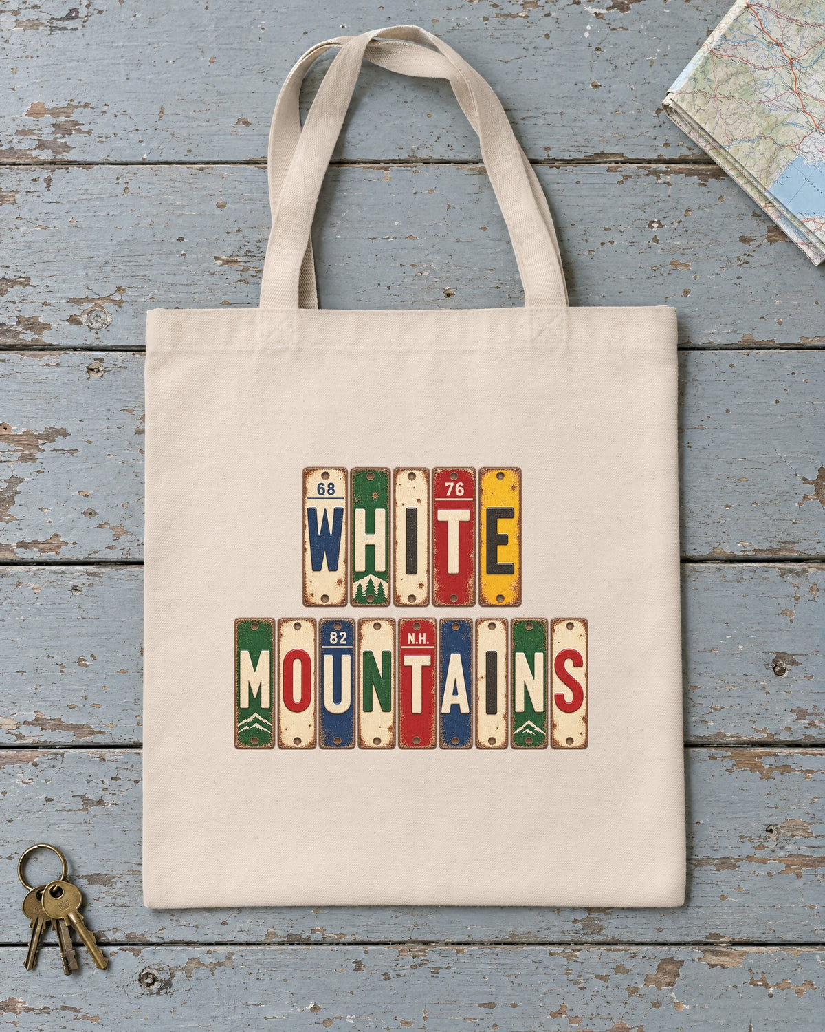 White Mountains, New Hampshire vintage license plate tote bag in Natural