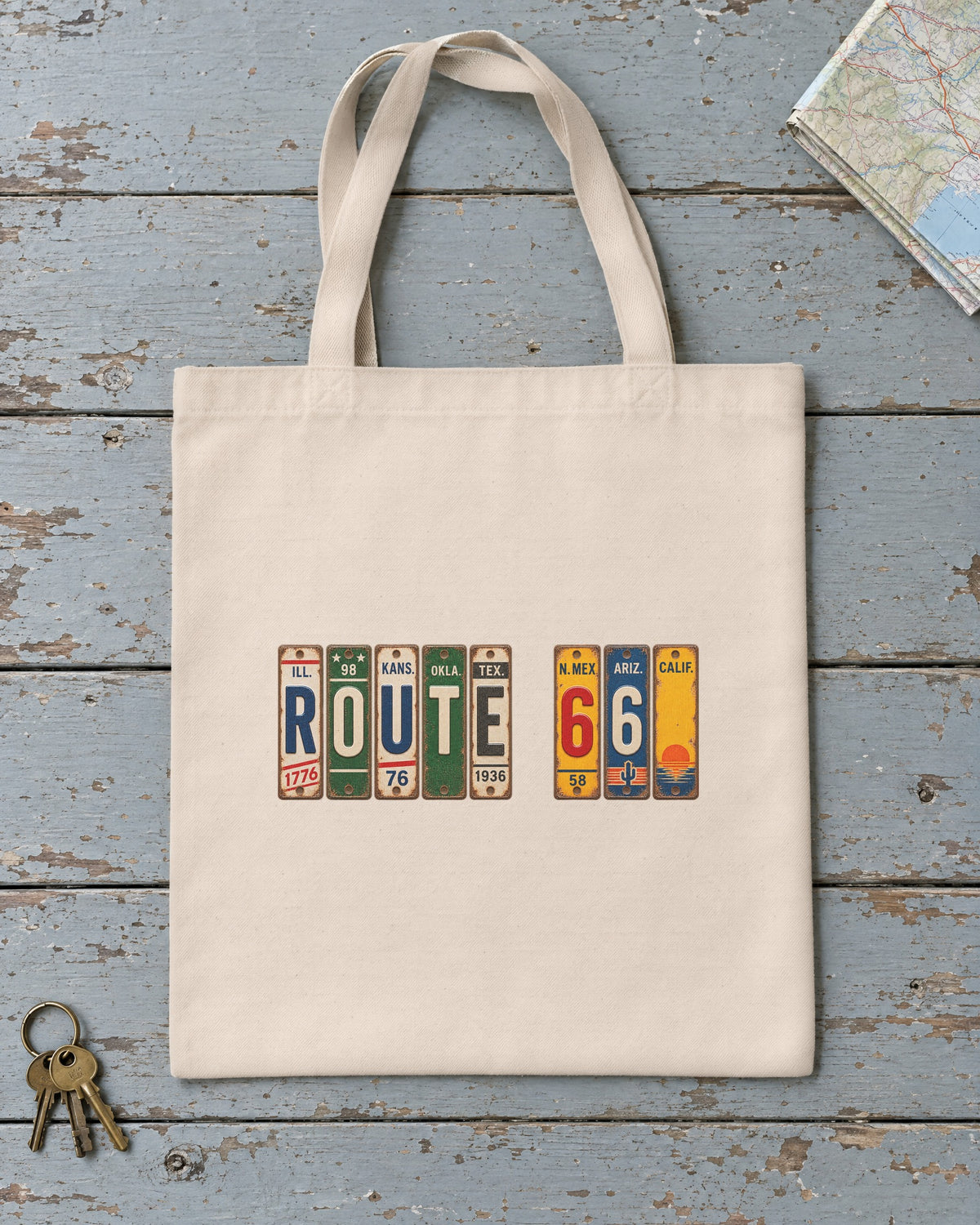 Route 66 vintage license plate tote bag in Natural