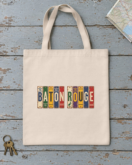 Baton Rouge, Louisiana vintage license plate tote bag in Natural