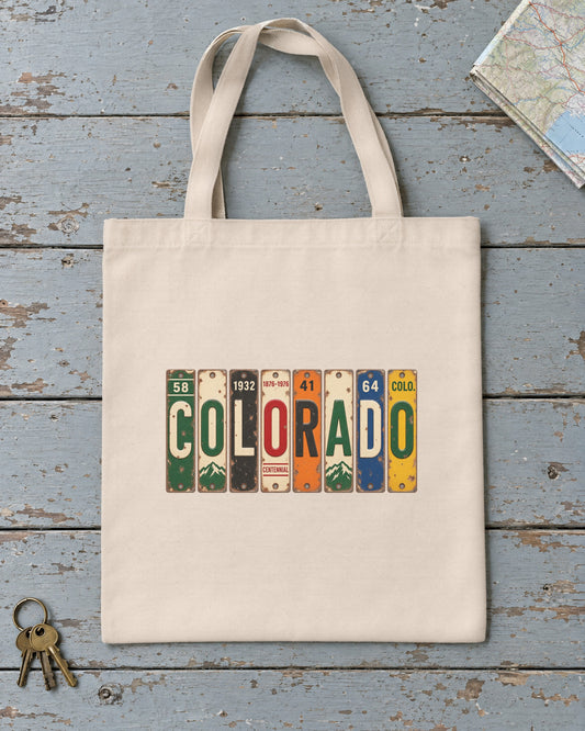 Colorado vintage license plate tote bag in Natural