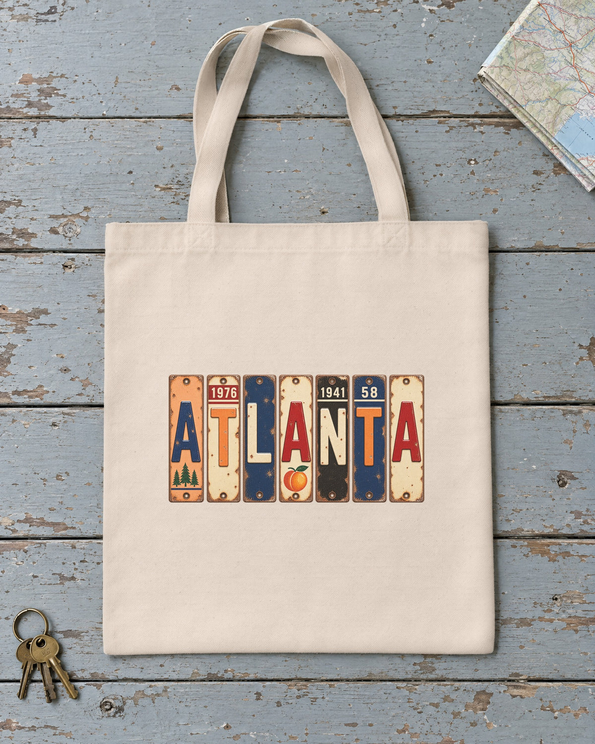 Atlanta, Georgia vintage license plate tote bag in Natural