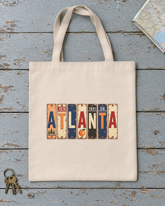 Atlanta, Georgia vintage license plate tote bag in Natural
