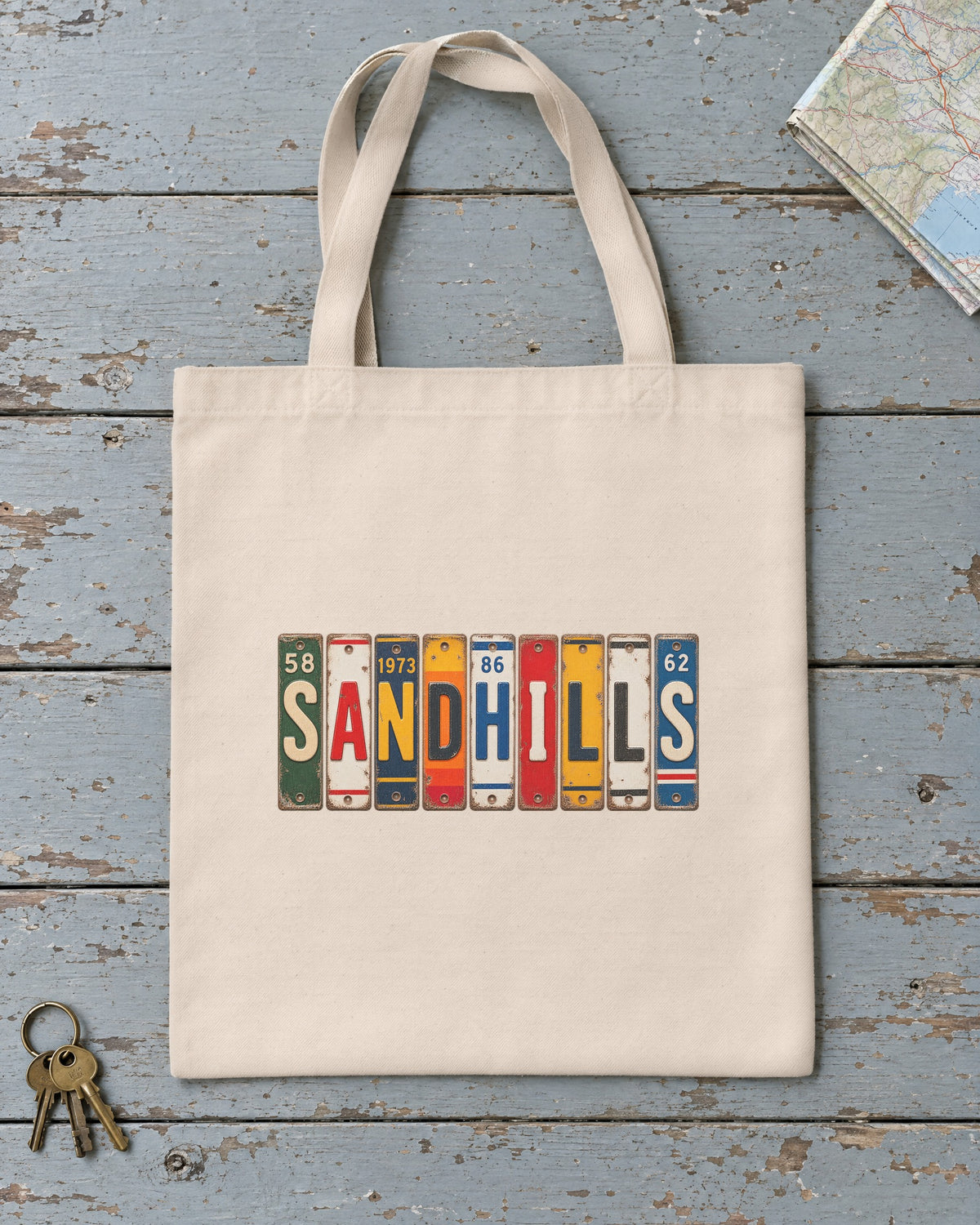 Sandhills, Nebraska vintage license plate tote bag in Natural