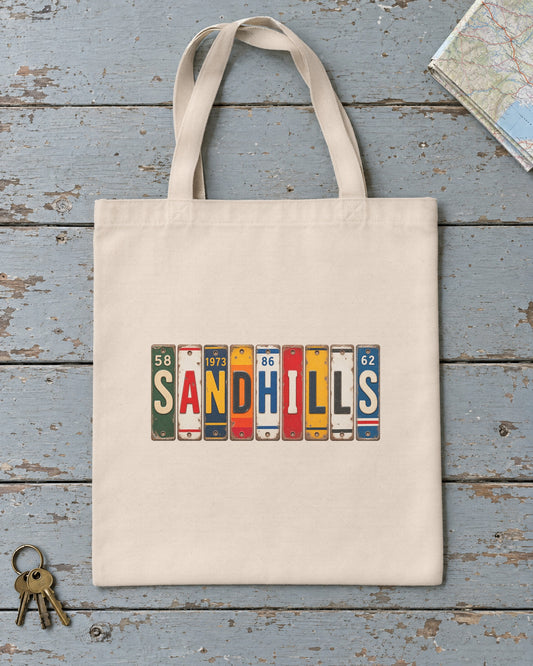 Sandhills, Nebraska vintage license plate tote bag in Natural