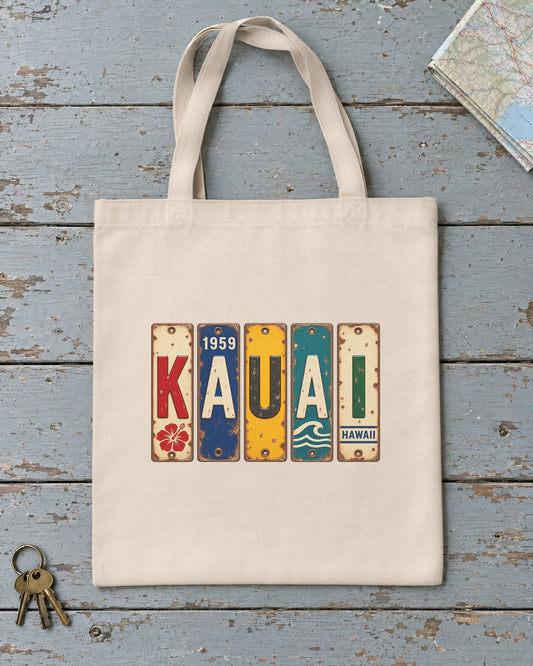 Kauai, Hawaii vintage license plate tote bag in Natural