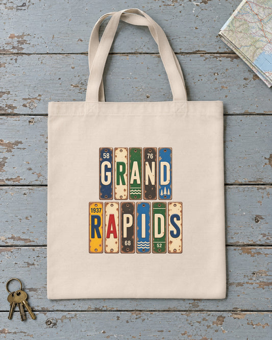 Grand Rapids, Michigan vintage license plate tote bag in Natural