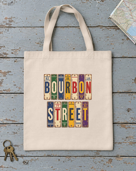 Bourbon Street, Louisiana vintage license plate tote bag in Natural