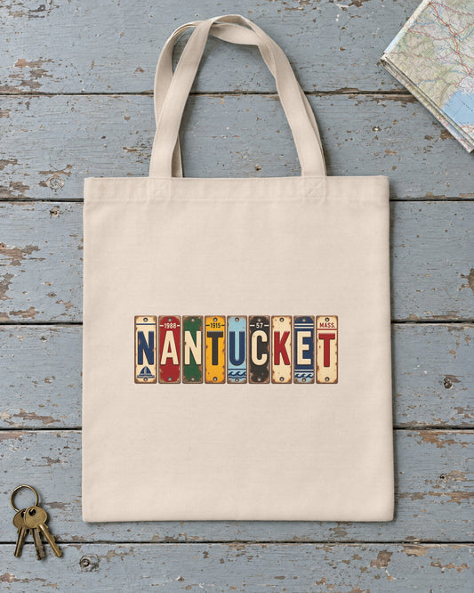 Nantucket, Massachusetts vintage license plate tote bag in Natural