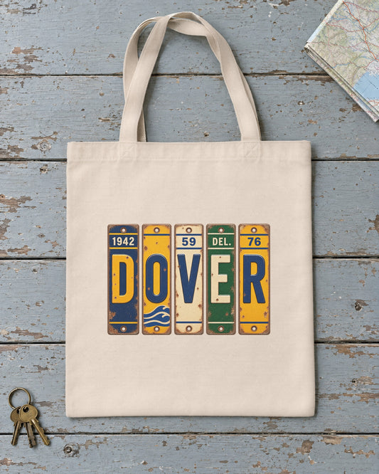 Dover, Delaware vintage license plate tote bag in Natural