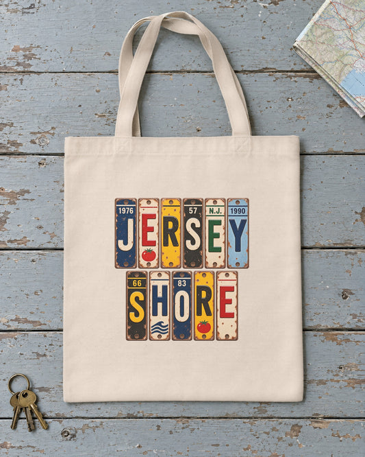 Jersey Shore, New Jersey vintage license plate tote bag in Natural