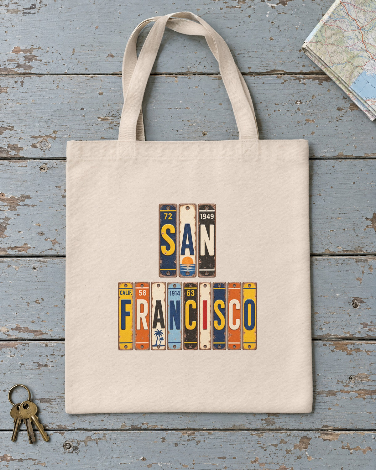 San Francisco, California vintage license plate tote bag in Natural