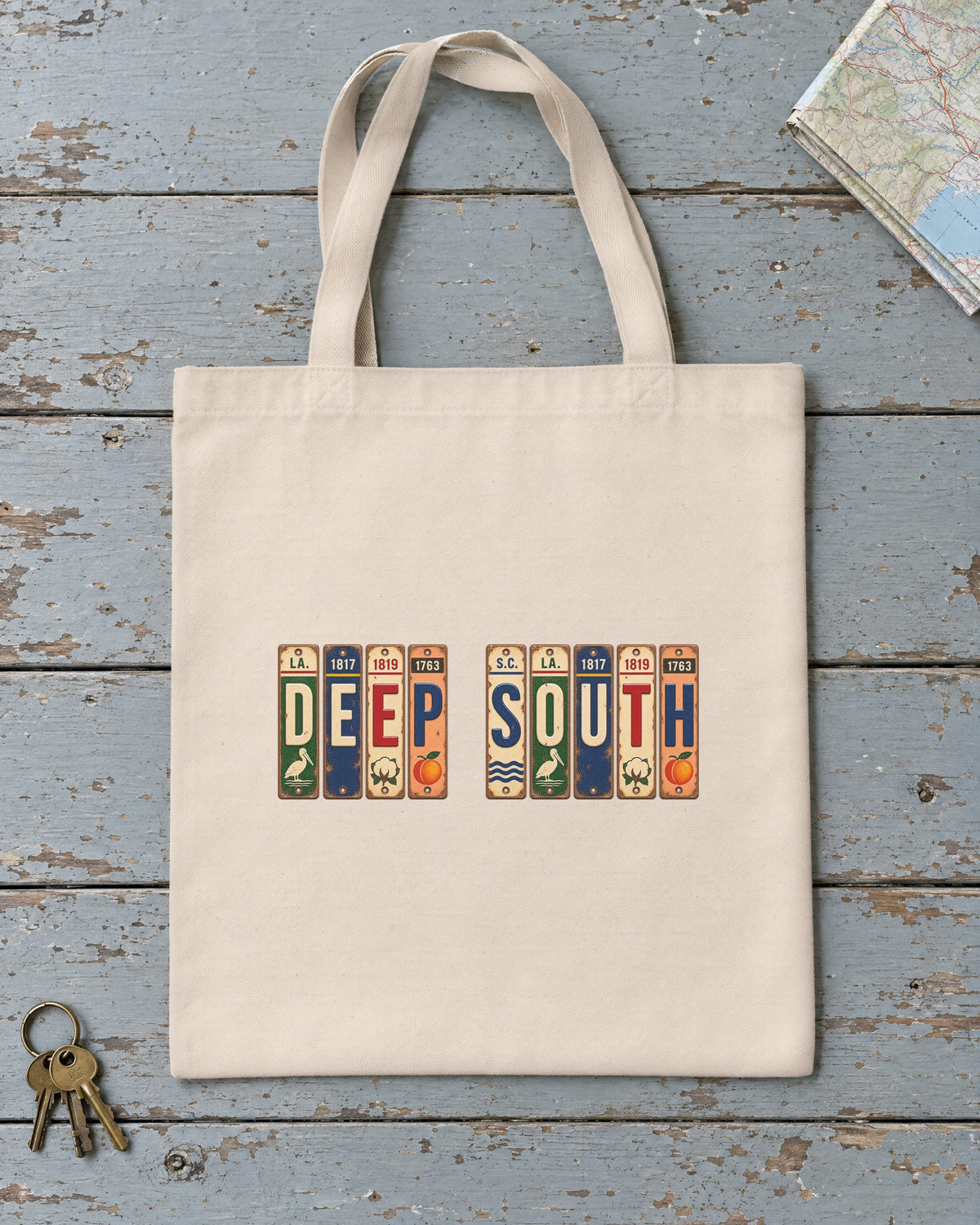 Deep South vintage license plate tote bag in Natural