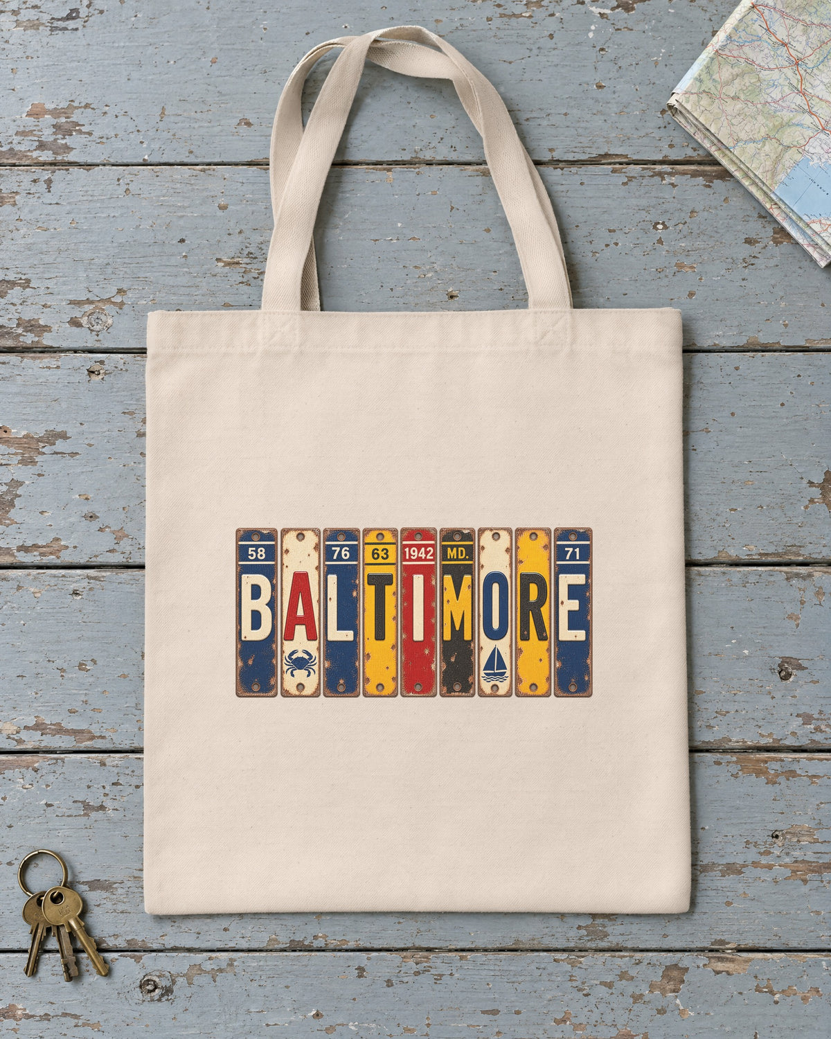 Baltimore, Maryland vintage license plate tote bag in Natural