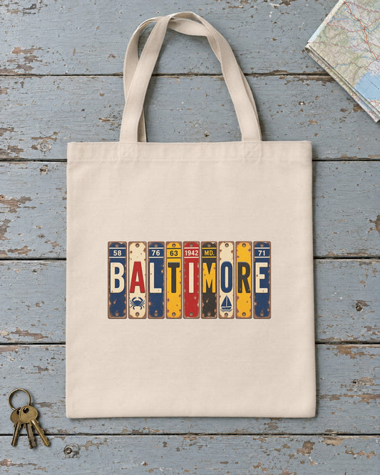 Baltimore, Maryland vintage license plate tote bag in Natural
