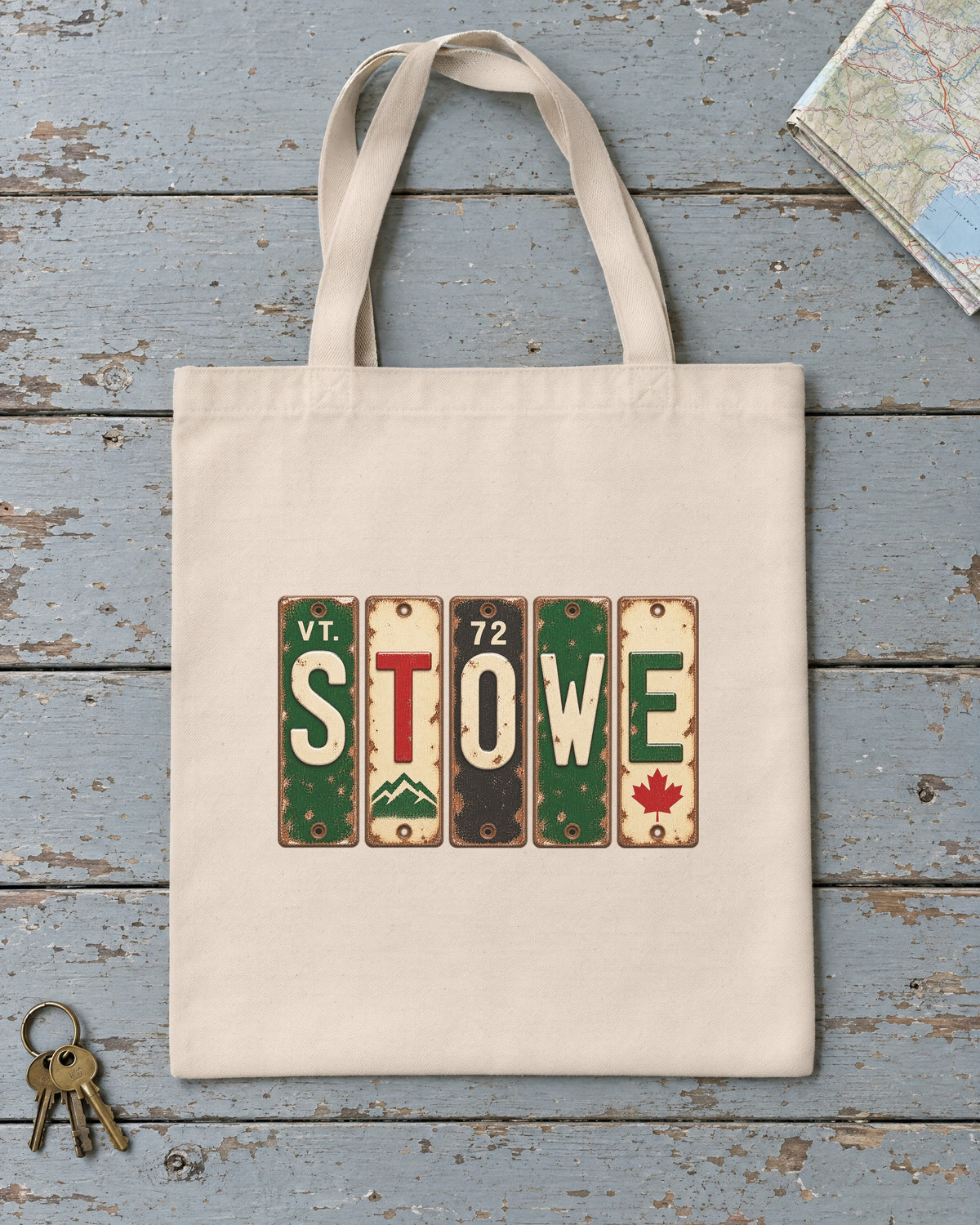 Stowe, Vermont vintage license plate tote bag in Natural