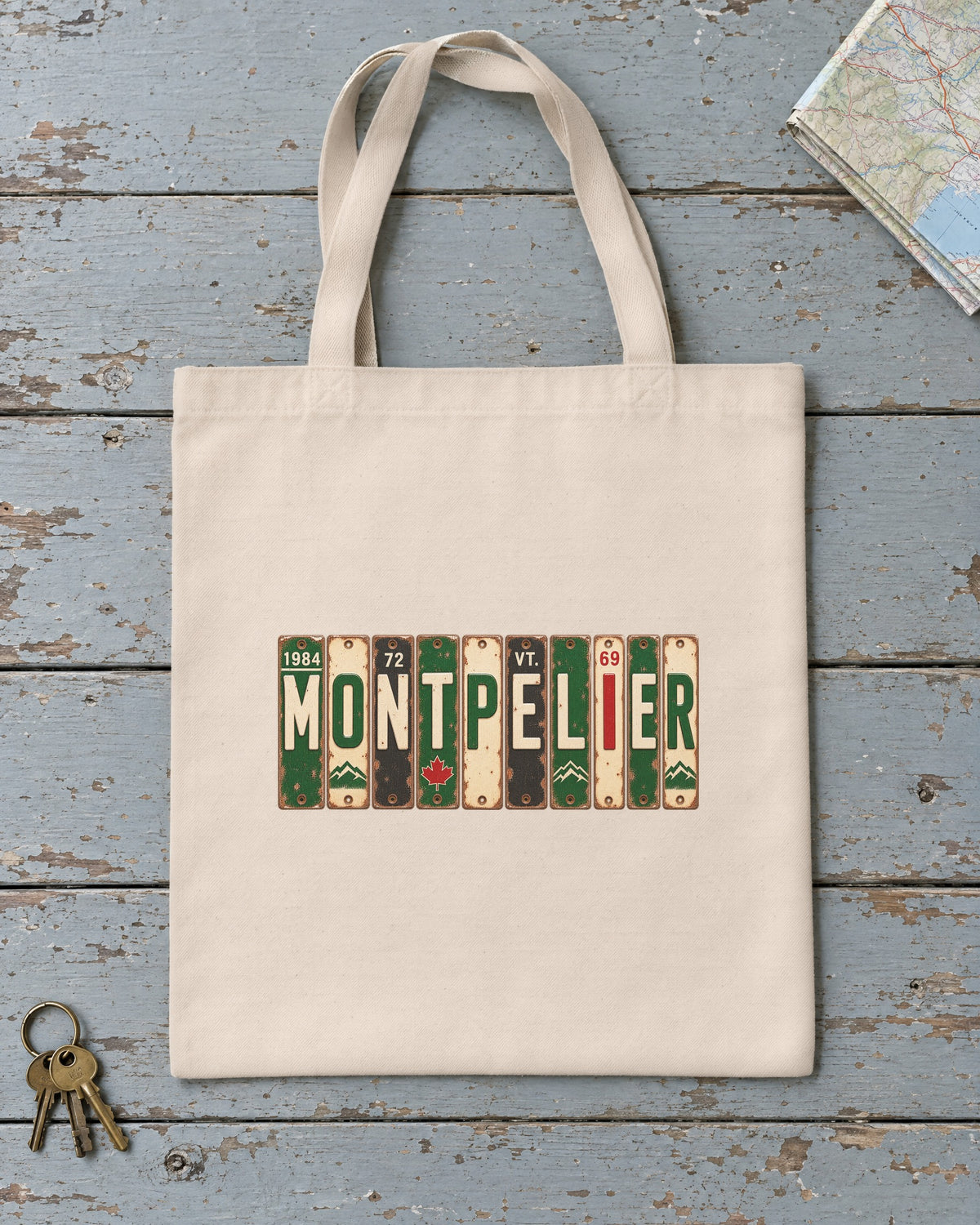 Montpelier, Vermont vintage license plate tote bag in Natural