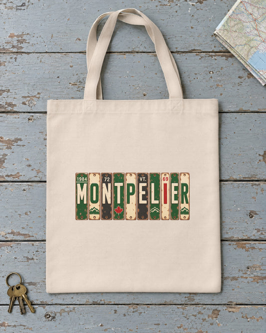 Montpelier, Vermont vintage license plate tote bag in Natural