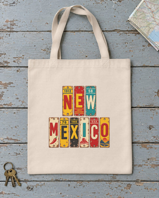 New Mexico vintage license plate tote bag in Natural