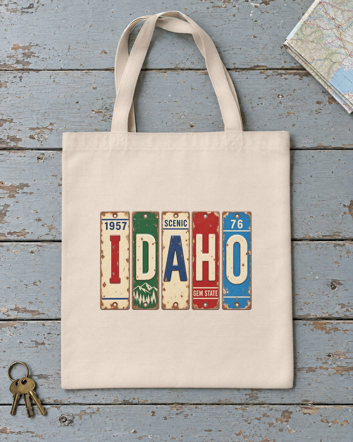 Idaho vintage license plate tote bag in Natural