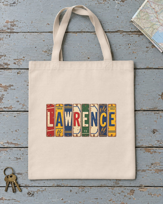 Lawrence, Kansas vintage license plate tote bag in Natural
