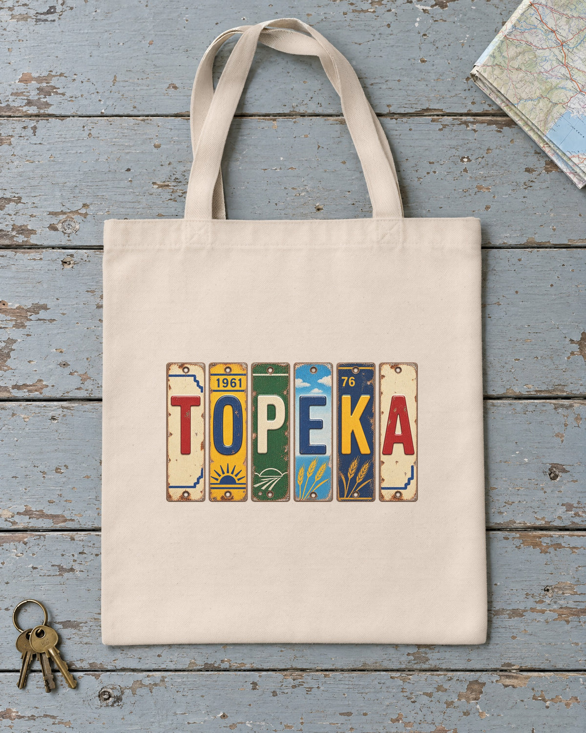 Topeka, Kansas vintage license plate tote bag in Natural