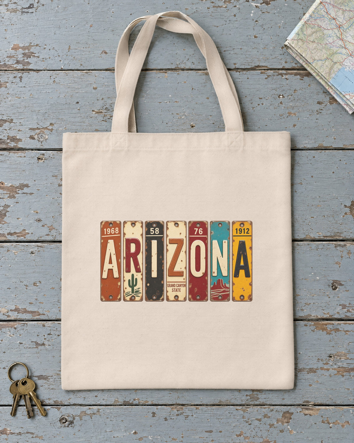 Arizona vintage license plate tote bag in Natural