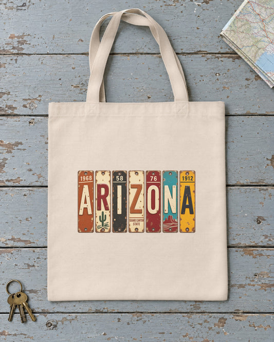 Arizona vintage license plate tote bag in Natural