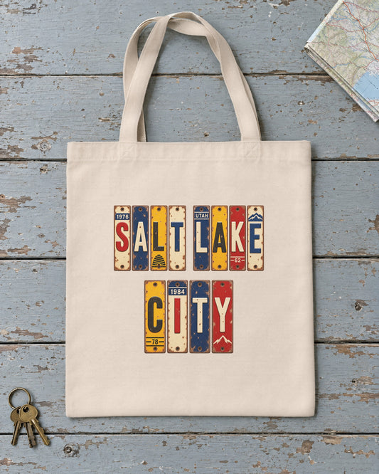 Salt Lake City, Utah vintage license plate tote bag in Natural