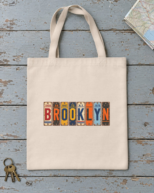 Brooklyn, New York vintage license plate tote bag in Natural