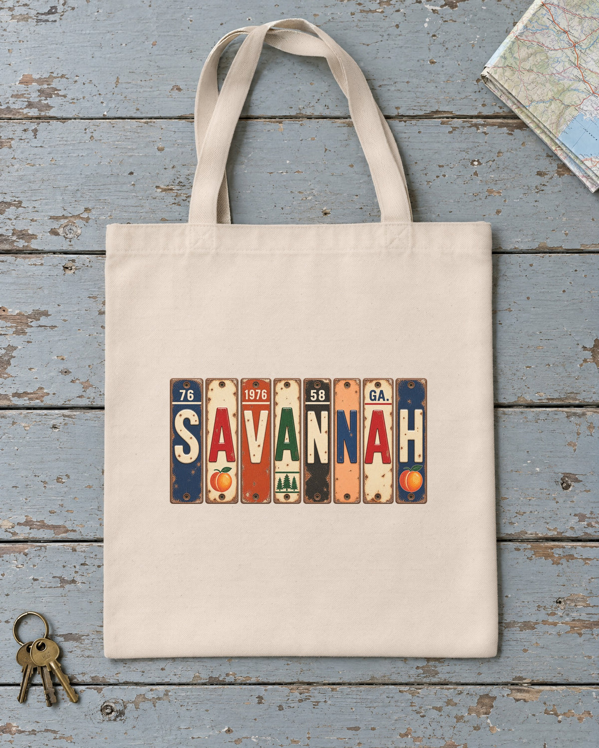 Savannah, Georgia vintage license plate tote bag in Natural