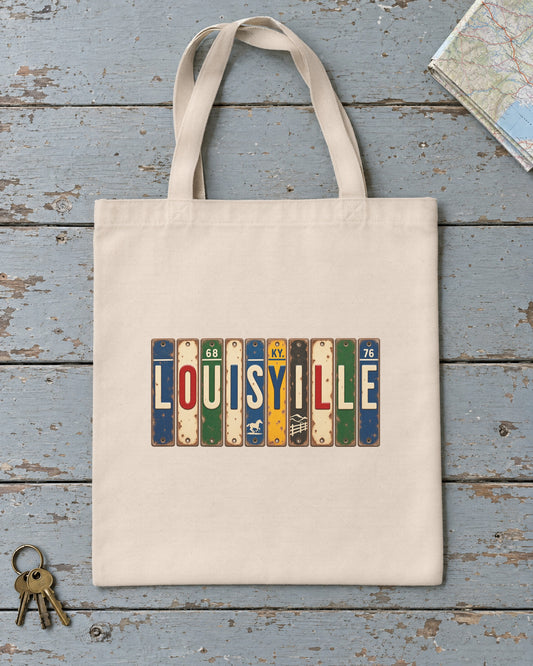 Louisville, Kentucky vintage license plate tote bag in Natural