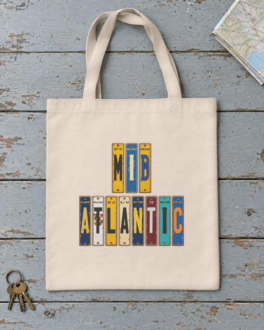 Mid-Atlantic vintage license plate tote bag in Natural