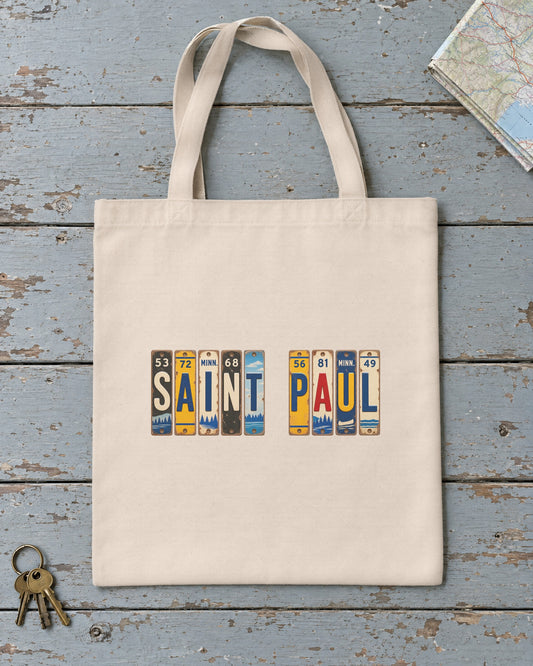 Saint Paul, Minnesota vintage license plate tote bag in Natural