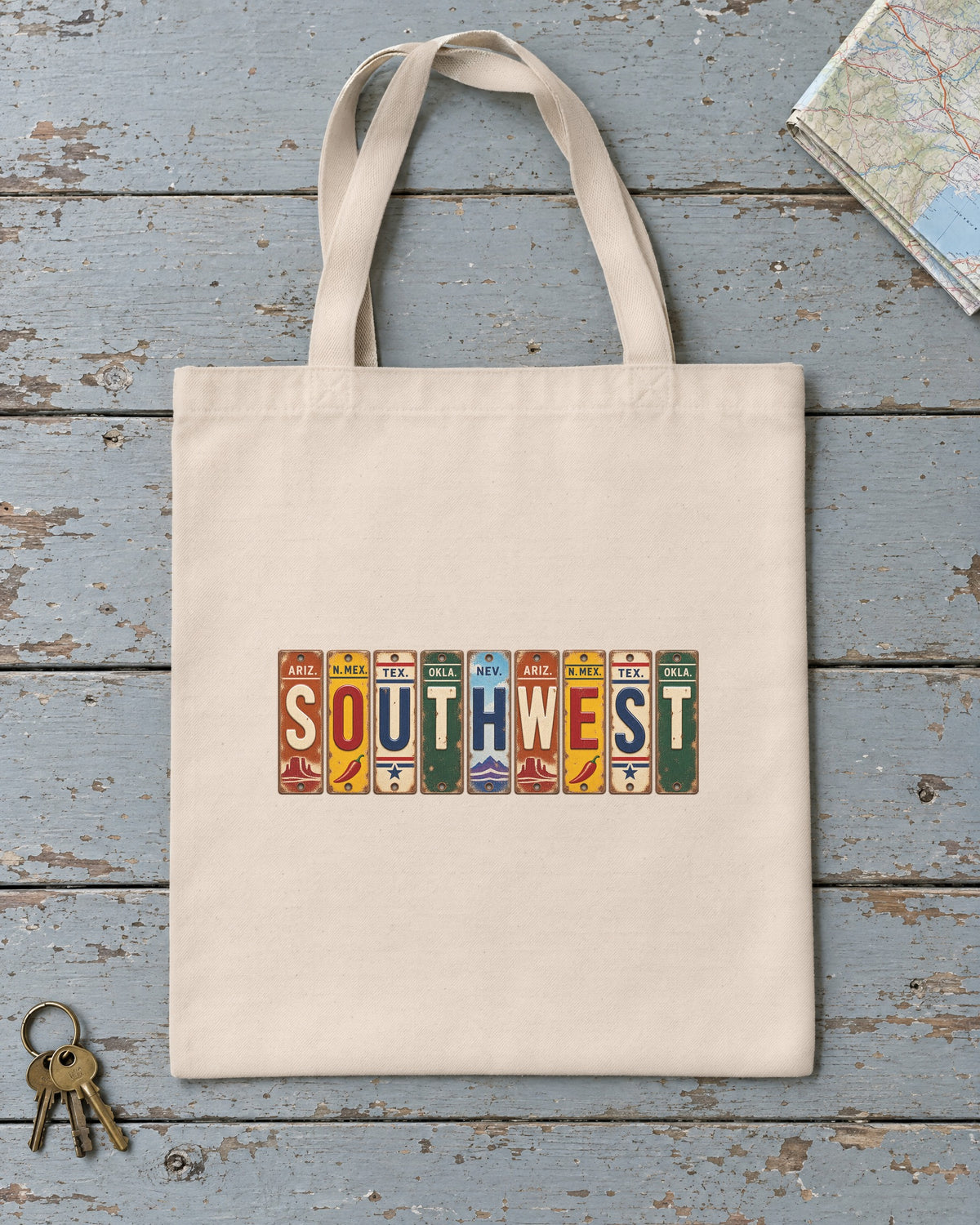 Southwest vintage license plate tote bag in Natural