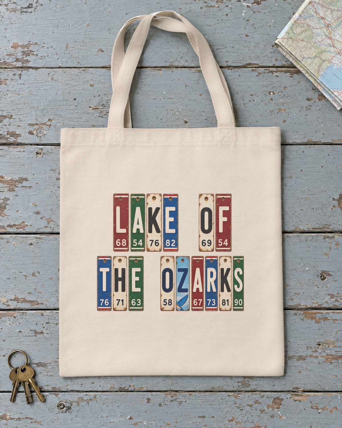 Lake of the Ozarks, Missouri vintage license plate tote bag in Natural