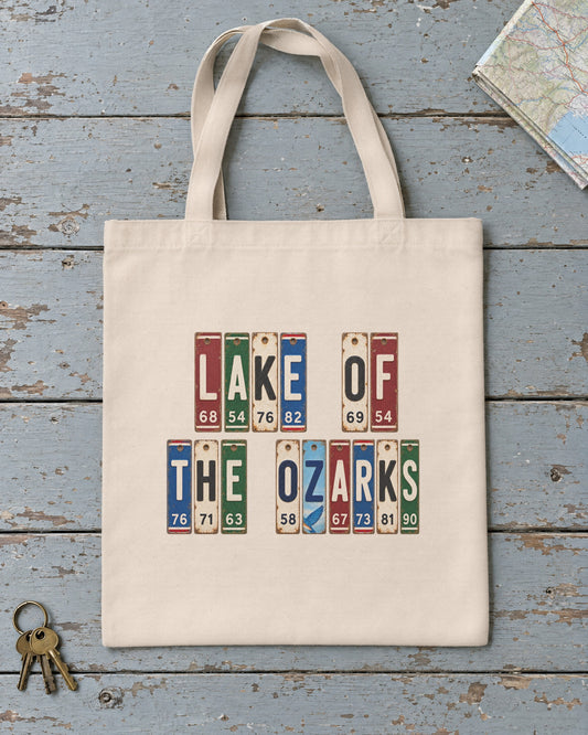 Lake of the Ozarks, Missouri vintage license plate tote bag in Natural