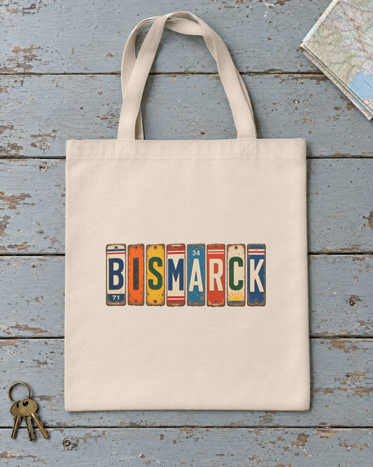 Bismarck, North Dakota vintage license plate tote bag in Natural