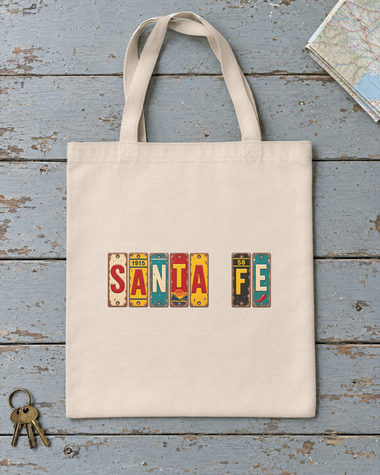 Santa Fe, New Mexico vintage license plate tote bag in Natural