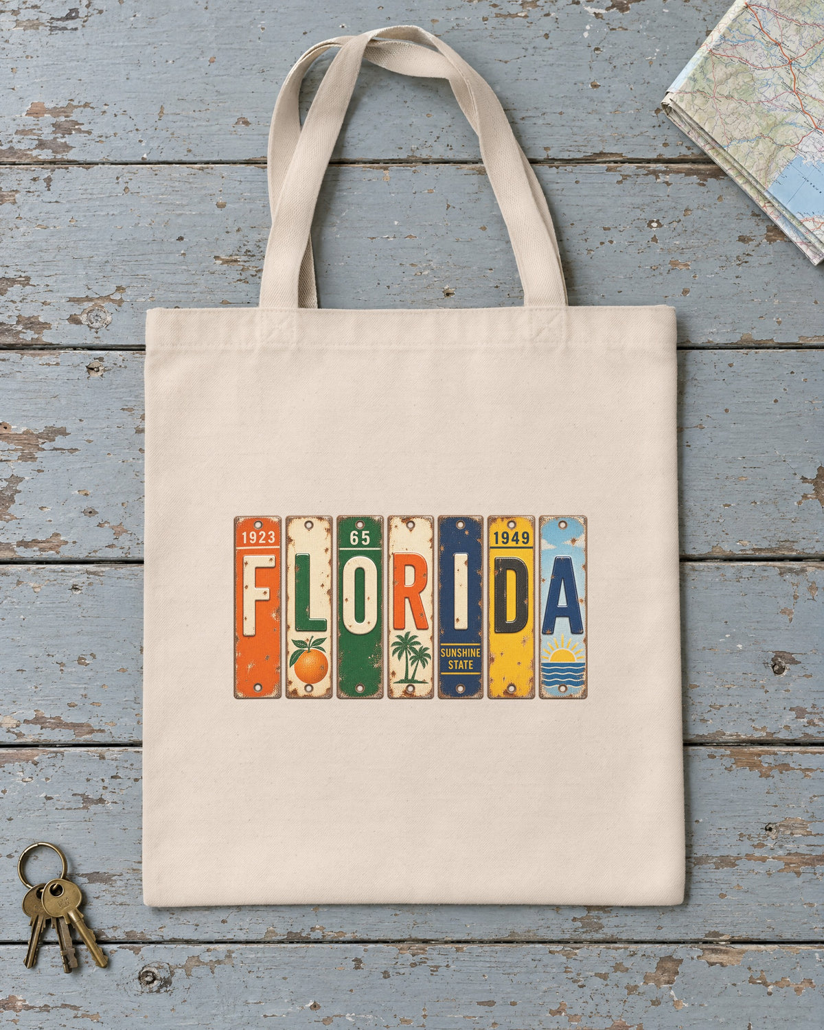 Florida vintage license plate tote bag in Natural
